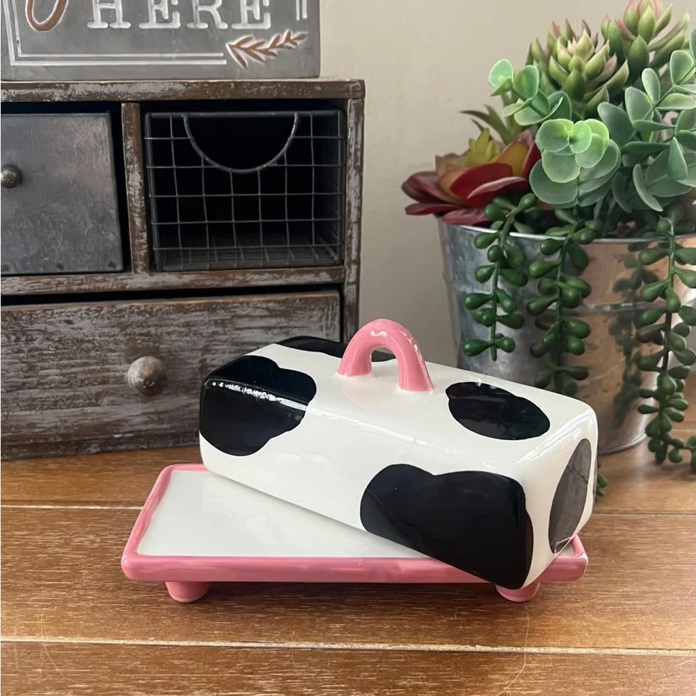 New Decorative Cow Print Ceramic Butter Dish - Picture 3 of 4